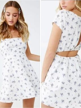Forever 21 L Mini Dress Square Neck Open Back Dainty Floral Linen Blend Cottage
